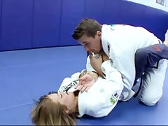 Skinny college girl receives facial cumshot from her karate instructor